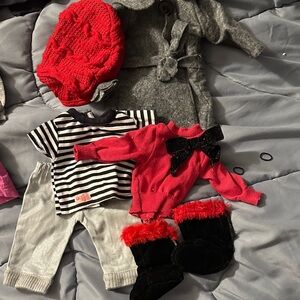 Doll clothes bundle for doll ; Red and Black Winter Outfit Set with Striped Top